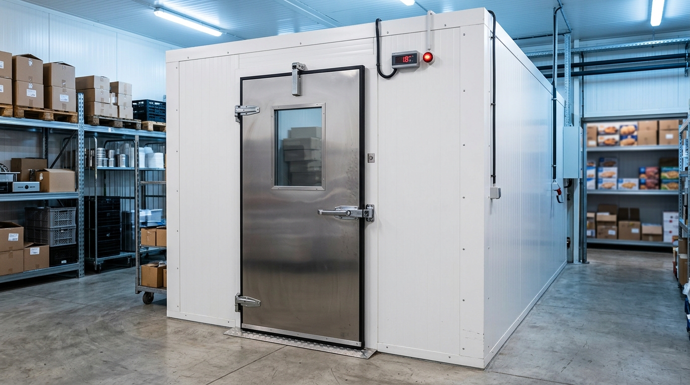 Câmara frigorífica industrial com painéis isotérmicos e porta de aço inox