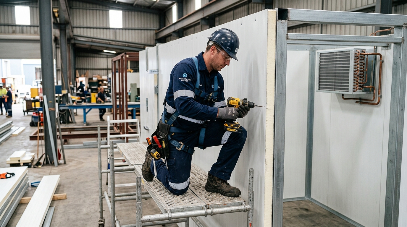 Técnico especializado realizando instalação de equipamento de refrigeração