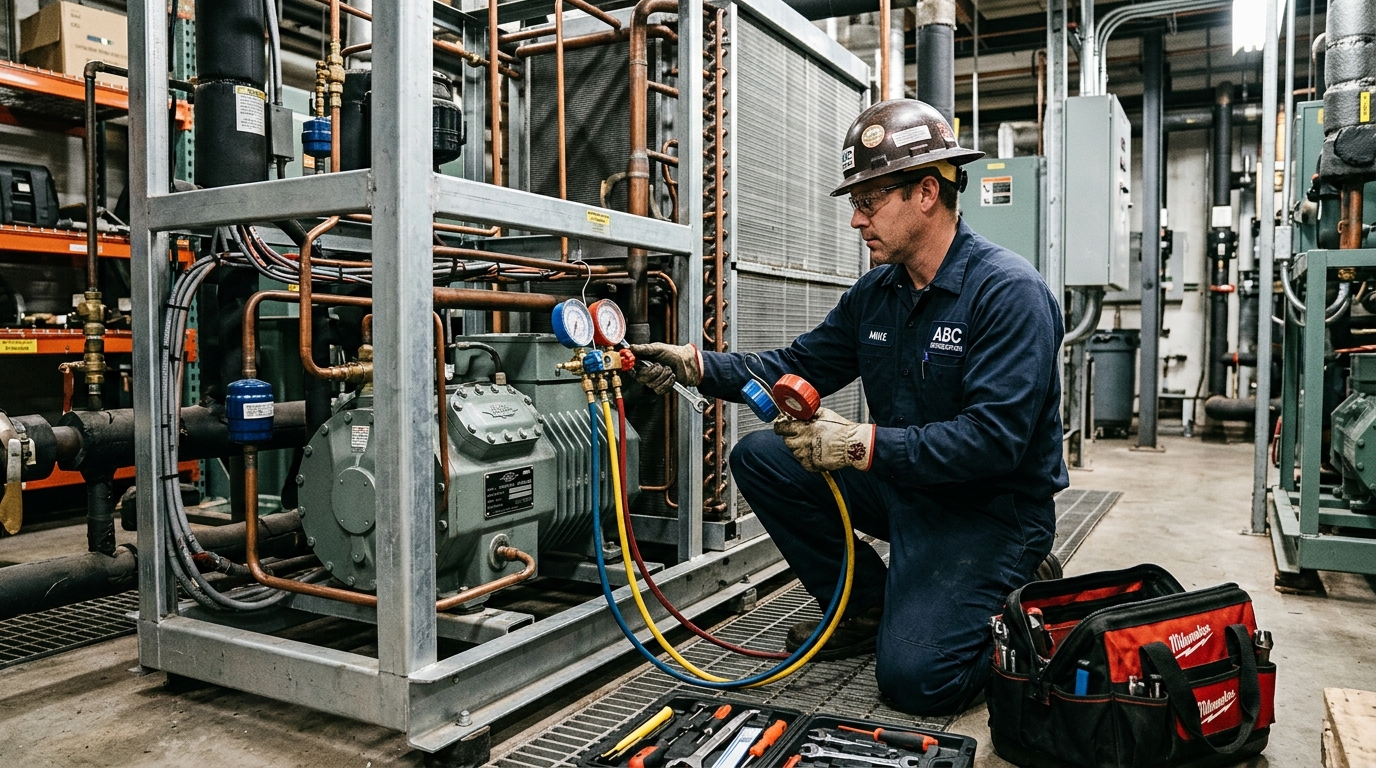 Técnico realizando manutenção preventiva em compressor de refrigeração