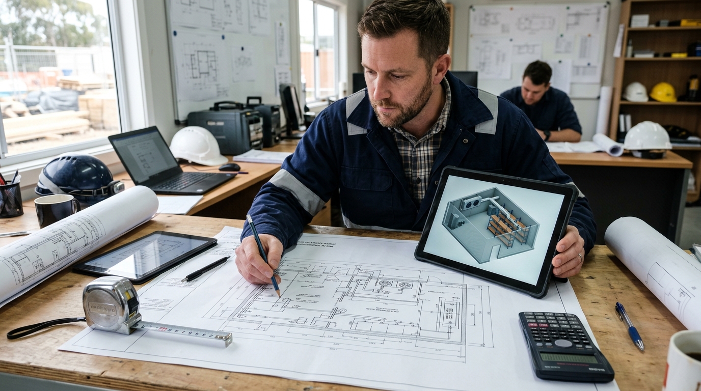 Engenheiro analisando projeto técnico e planta de dimensionamento de câmara fria